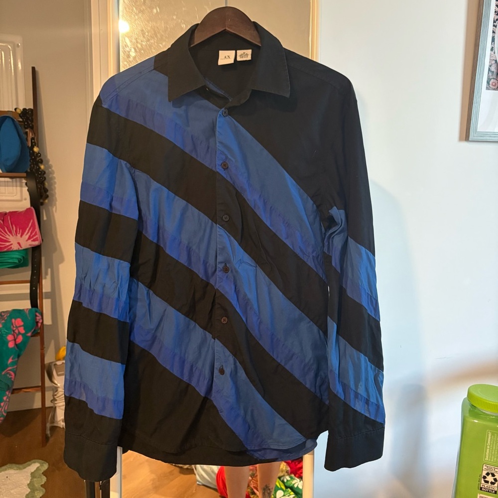 Armani Exchange Men's Black and Blue Striped Shirt
